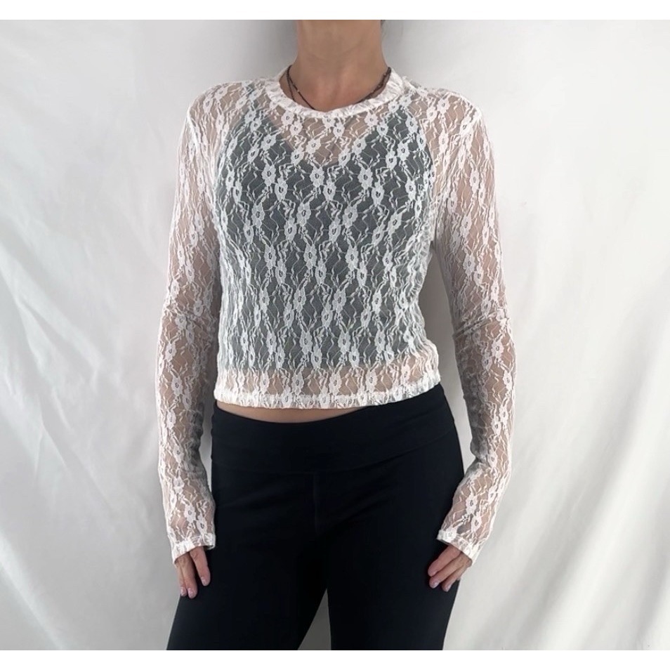 Sheer White Lace Layering Top S Fairy Boho Festival Mesh Long Sleeve Coquette